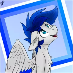 Size: 1953x1944 | Tagged: safe, artist:flamy, derpibooru import, oc, oc:turquoise, unofficial characters only, pegasus, pony, abstract background, bust, ear piercing, gauges, male, piercing, portrait, wings