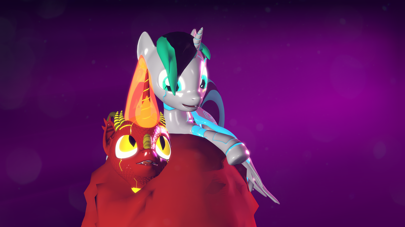 Size: 3840x2160 | Tagged: safe, artist:phoenixtm, derpibooru import, oc, oc:archie cloud, oc:delta firedash, alicorn, dracony, dragon, hybrid, pony, robot, robot pony, 3d, :p, alicorn oc, cute, fluffy, happy, horn, source filmmaker, spread legs, spread wings, spreading, tongue out, weapons-grade cute, wings, wings down