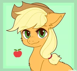 Size: 1280x1171 | Tagged: safe, artist:raevaiifox, derpibooru import, applejack, earth pony, pony, apple, back fluff, cheek fluff, chest fluff, cowboy hat, cute, ear fluff, eyebrows visible through hair, female, food, green background, hat, jackabetes, looking at you, mare, obligatory apple, simple background, solo