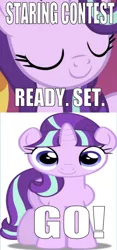 Size: 566x1207 | Tagged: safe, derpibooru import, edit, edited screencap, editor:undeadponysoldier, screencap, starlight glimmer, unicorn, adorable face, cropped, cute, eyes closed, female, looking at you, mare, s5 starlight, simple background, smiling, solo, staring contest, talking to viewer, text, white background, wrong aspect ratio