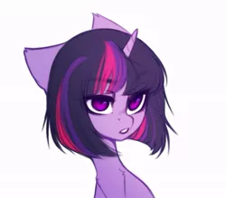 Size: 719x629 | Tagged: safe, artist:tomness, derpibooru import, twilight sparkle, pony, unicorn, alternate hairstyle, bob cut, bust, ear fluff, eyebrows visible through hair, female, mare, portrait, short hair, simple background, solo, white background