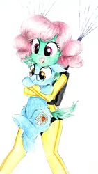 Size: 929x1651 | Tagged: safe, artist:liaaqila, derpibooru import, oc, oc:software patch, oc:windcatcher, pony, equestria girls, clothes, colored sketch, commission, equestria girls-ified, glasses, holding a pony, jumpsuit, oc x oc, parachute, shipping, skydiving, traditional art, windpatch