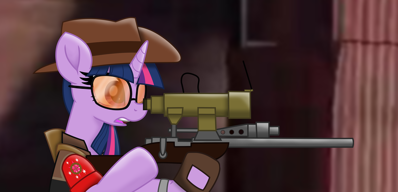 1628645 - safe, artist:ejlightning007arts, derpibooru import, twilight  sparkle, pony, gun, hat, open mouth, sniper, solo, sunglasses, team  fortress 2, twilight sniper, weapon - Twibooru