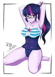 Size: 1600x2254 | Tagged: safe, artist:noboru, derpibooru import, sci-twi, twilight sparkle, human, equestria girls, equestria girls series, adorasexy, armpits, barefoot, breasts, busty sci-twi, clothes, cute, feet, female, one-piece swimsuit, patreon, ponytail, sexy, signature, sitting, solo, sunglasses, swimsuit, thighs, twiabetes
