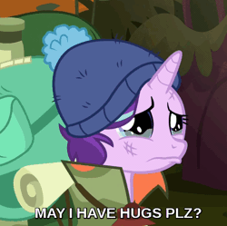 Size: 472x471 | Tagged: safe, derpibooru import, edit, edited screencap, screencap, starlight glimmer, pony, unicorn, the mean 6, animated, bronybait, camping outfit, caption, cropped, crying, cute, eye shimmer, female, gif, glimmerbetes, hug request, loop, mare, sad, sadorable, solo, teary eyes, text, wavy mouth