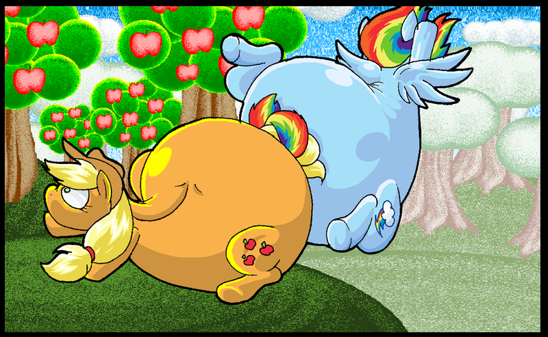 Size: 900x555 | Tagged: safe, artist:virus-20, derpibooru import, applejack, rainbow dash, pony, applefat, bottom heavy, fat, female, obese, rainblob dash