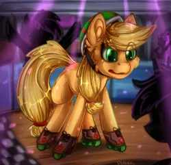 Size: 882x849 | Tagged: safe, artist:deraniel, derpibooru import, applejack, pony, background pony, cute, helmet, jackabetes, nervous, roller rink, roller skates, signature, silhouette, solo focus