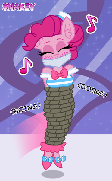 Size: 670x1080 | Tagged: suggestive, artist:snakeythingy, derpibooru import, pinkie pie, anthro, blushing, bondage, bouncing, bound and gagged, cloth gag, clothes, dress, ear fluff, eyes closed, gag, gala dress, grand galloping gala, happy bondage, music notes, rope, rope bondage, ropecoon, ropes, story included, tied up