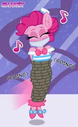 Size: 670x1080 | Tagged: suggestive, artist:snakeythingy, derpibooru import, pinkie pie, anthro, blushing, bondage, bouncing, bound and gagged, cloth gag, clothes, dress, ear fluff, eyes closed, gag, gala dress, grand galloping gala, happy bondage, music notes, rope, rope bondage, ropecoon, ropes, story included, tied up
