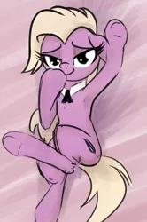 Size: 432x651 | Tagged: suggestive, artist:wenni, derpibooru import, grace manewitz, pony, semi-anthro, armpits, bedroom eyes, female, grace manewitz is an armpit slut, looking at you, mare, missing accessory, on back, solo, solo female, underhoof