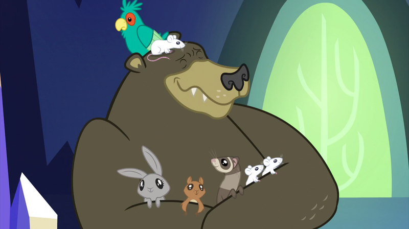 Size: 2100x1177 | Tagged: animal, bear, bird, castle sweet castle, derpibooru import, eyes closed, ferret, harry, hug, male, mouse, popinjay, rabbit, safe, screencap, sitting on head, squirrel