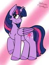 Size: 960x1280 | Tagged: safe, artist:emz2015, derpibooru import, part of a set, twilight sparkle, twilight sparkle (alicorn), alicorn, pony, abstract background, chest fluff, explicit source, eyebrows visible through hair, female, mare, raised hoof, smiling, solo