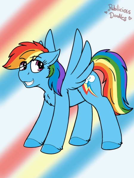 Size: 960x1280 | Tagged: safe, artist:emz2015, derpibooru import, part of a set, rainbow dash, pegasus, pony, abstract background, chest fluff, explicit source, eye clipping through hair, female, floppy ears, grin, mare, smiling, solo, spread wings, wings