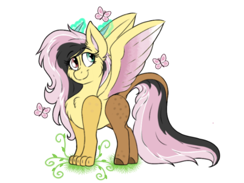 Size: 1024x768 | Tagged: artist:emz2015, butterfly, derpibooru import, draconequus, draconequus oc, explicit source, female, glowing horn, horn, hybrid, interspecies offspring, oc, oc:sweet disarray, offspring, parent:discord, parent:fluttershy, parents:discoshy, safe, simple background, smiling, solo, spread wings, transparent background, unofficial characters only, wings