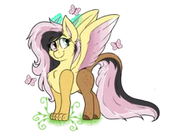 Size: 1024x768 | Tagged: artist:emz2015, butterfly, derpibooru import, draconequus, draconequus oc, explicit source, female, glowing horn, horn, hybrid, interspecies offspring, oc, oc:sweet disarray, offspring, parent:discord, parent:fluttershy, parents:discoshy, safe, simple background, smiling, solo, spread wings, transparent background, unofficial characters only, wings