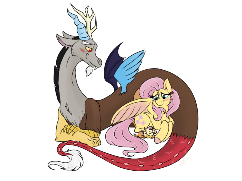 Size: 1024x768 | Tagged: safe, artist:emz2015, derpibooru import, discord, fluttershy, oc, oc:sweet disarray, draconequus, hybrid, pegasus, pony, blushing, discoshy, draconequus oc, explicit source, family, female, floppy ears, interspecies offspring, male, mare, offspring, parent:discord, parent:fluttershy, parents:discoshy, prone, shipping, simple background, sleeping, smiling, spread wings, straight, transparent background, wings