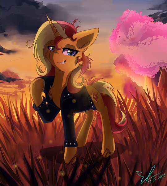 Size: 900x1000 | Tagged: safe, artist:yuris, derpibooru import, sunset shimmer, pony, unicorn, blue eyes, cheek fluff, chest fluff, clothes, ear fluff, grass, grin, hoof fluff, jacket, leather jacket, looking at you, raised leg, smiling, smirk, solo, sunset, wrong eye color