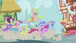 Size: 2100x1177 | Tagged: safe, derpibooru import, screencap, amethyst star, berry punch, berryshine, bon bon, daisy, diamond mint, flower wishes, lemon hearts, linky, lyra heartstrings, shoeshine, sweetie drops, earth pony, pony, unicorn, the ticket master, background pony, dust cloud, female, flower, flower in hair, mare, running, saddle, stampede, tack