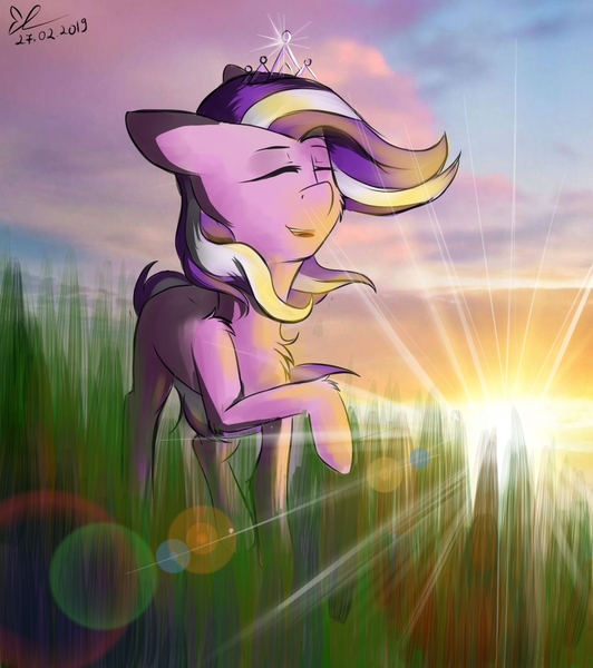 Size: 940x1060 | Tagged: source needed, safe, artist:yuris, derpibooru import, diamond tiara, pony, cheek fluff, chest fluff, eyes closed, jewelry, leg fluff, lens flare, open mouth, raised hoof, shining, shoulder fluff, smiling, solo, sunrise, tiara, windswept mane