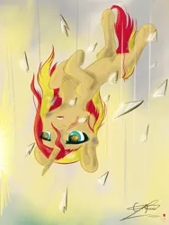 Size: 1520x2026 | Tagged: safe, artist:yuris, derpibooru import, sunset shimmer, pony, unicorn, bruised, cheek fluff, chest fluff, ear fluff, falling, glass shard, leg fluff, solo