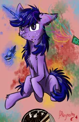 Size: 1300x2000 | Tagged: safe, artist:yuris, derpibooru import, oc, oc:dask shine, pony, unicorn, abstract background, cake, cheek fluff, chest fluff, ear fluff, food, hoof fluff, leg fluff, levitation, magic, male, messy eating, party horn, shoulder fluff, sitting, solo, telekinesis