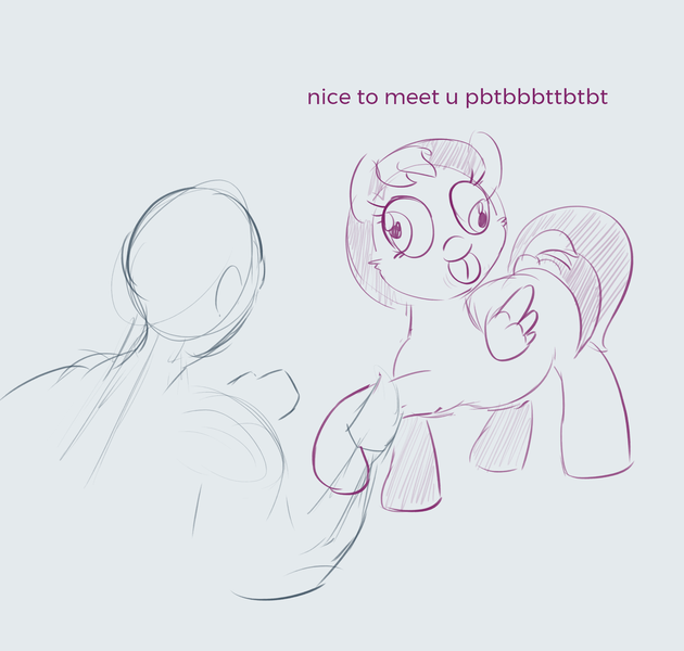 Size: 2232x2126 | Tagged: safe, artist:comfyplum, derpibooru import, oc, oc:anon, oc:comfy plum, human, pegasus, pony, :p, abstract background, derp, dialogue, female, greeting, male, mare, meme, ponified animal photo, raspberry, silly, silly pony, sketch, special eyes, tongue out, wip