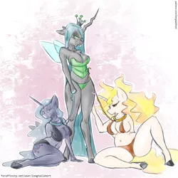 Size: 1024x1024 | Tagged: suggestive, artist:longtailshort, derpibooru import, daybreaker, princess luna, queen chrysalis, alicorn, anthro, changeling, unguligrade anthro, absolute cleavage, bedroom eyes, belly button, breasts, busty daybreaker, busty princess luna, busty queen chrysalis, cleavage, collar, female, females only, leash, midriff, reversalis