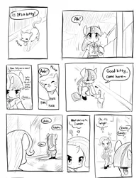 Size: 2894x3692 | Tagged: safe, artist:siagia, derpibooru import, edit, editor:dsp2003, trixie, twilight sparkle, cat, pony, semi-anthro, unicorn, bipedal, clothes, comic, female, high res, manga, mare, monochrome, school uniform, translation, translator:dsp2003