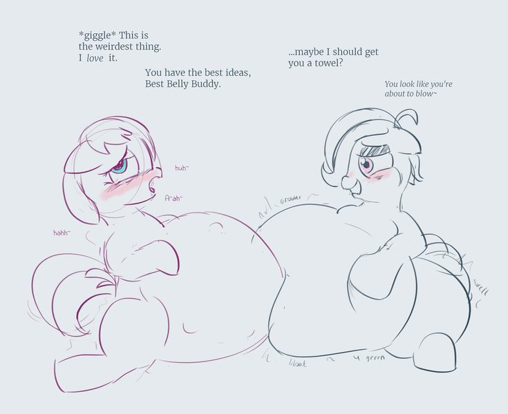 Size: 3072x2508 | Tagged: questionable, artist:comfyplum, derpibooru import, oc, oc:comfy plum, oc:sleepy treat, unofficial characters only, pony, ahegao, belly, big belly, blushing, butt, dialogue, drool, duo, duo female, fat, female, huge belly, huge butt, hyper, hyper belly, hyper pregnancy, impossibly large belly, impossibly large butt, kicking, large butt, morbidly obese, obese, open mouth, pregnant, sketch, smiling, squishy, the ass was fat, tongue out, weight gain, wip