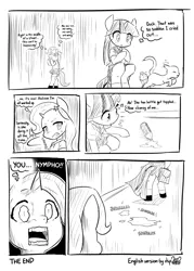 Size: 2894x4032 | Tagged: suggestive, artist:siagia, derpibooru import, edit, editor:dsp2003, trixie, twilight sparkle, cat, pony, semi-anthro, bipedal, clothes, comic, female, manga, mare, mawshot, misunderstanding, monochrome, open mouth, school uniform, translation, translator:dsp2003