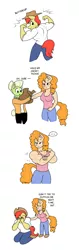 Size: 706x2240 | Tagged: safe, artist:matchstickman, derpibooru import, bright mac, granny smith, pear butter, anthro, earth pony, plantigrade anthro, biceps, breasts, brightbutter, busty pear butter, clothes, comic, deltoids, dialogue, female, flexing, jacket, jeans, male, might mac, muscles, pants, pear buffer, shipping, shirt, simple background, straight, white background