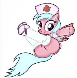 Size: 458x460 | Tagged: suggestive, artist:pyruvate, derpibooru import, edit, editor:undeadponysoldier, oc, oc:echristian, pegasus, pony, booty had me like, butt, clothes, female, food, hat, mare, muffin, nurse hat, nurse outfit, plot, socks, solo, solo female, stockings, stupid sexy echristian, the ass was fat, thigh highs
