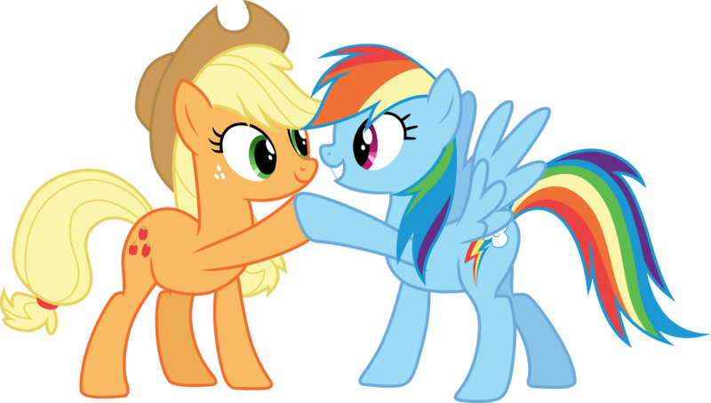 Size: 5281x3000 | Tagged: safe, artist:cloudyglow, artist:yanoda, derpibooru import, applejack, rainbow dash, earth pony, pegasus, pony, non-compete clause, .ai available, absurd resolution, cowboy hat, freckles, hat, hoofbump, simple background, smiling, stetson, transparent background, vector