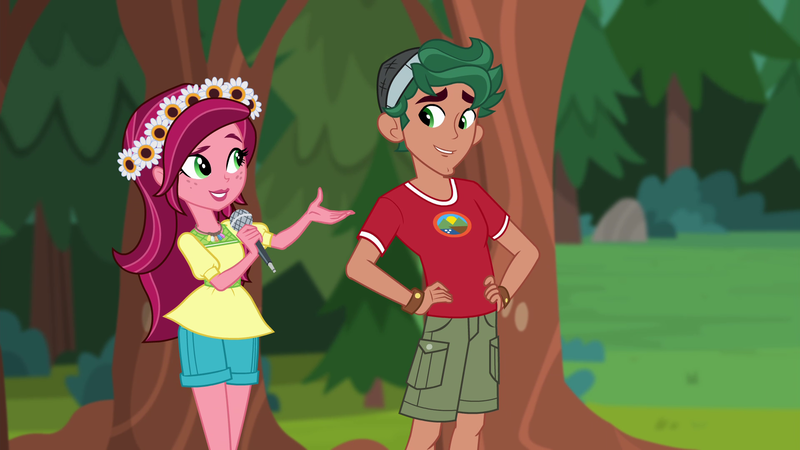 Size: 1920x1080 | Tagged: safe, derpibooru import, screencap, gloriosa daisy, timber spruce, equestria girls, legend of everfree, brother and sister, camp everfree logo, camp everfree outfits, female, flower, flower in hair, geode of fauna, geode of shielding, geode of sugar bombs, geode of super speed, geode of super strength, magical geodes, male, microphone, siblings