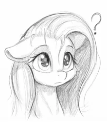 Size: 1350x1536 | Tagged: safe, artist:alcor, derpibooru import, fluttershy, pegasus, pony, bust, cute, female, floppy ears, grayscale, looking at something, looking away, looking up, mare, monochrome, portrait, question mark, shyabetes, simple background, solo, stray strand, three quarter view, white background