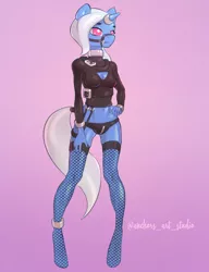 Size: 577x750 | Tagged: suggestive, artist:oneofyouare, derpibooru import, trixie, anthro, unguligrade anthro, unicorn, belly button, boob window, breasts, bridle, clothes, collar, female, fishnets, horn, horn ring, panties, ring, simple background, socks, solo, solo female, stockings, tack, thigh highs, underwear