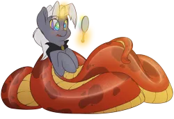 Size: 3800x2600 | Tagged: safe, artist:fluffyxai, derpibooru import, oc, oc:virmare, oc:virmir, unofficial characters only, lamia, original species, snake, unicorn, coils, hypnosis, hypnotism, hypnotized, kaa eyes, lamiafied, magic, mirror, reflection, self hypnosis, shiny, solo, species swap, surprised, swirly eyes, tail, telekinesis