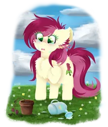 Size: 810x945 | Tagged: safe, artist:vanillaswirl6, derpibooru import, roseluck, pony, background pony, chest fluff, cloud, crying, d:, dandelion, dead flowers, ear fluff, flower, grass, heart eyes, heartbreak, leaves, open mouth, photoshop, potted plant, raised hoof, rose, sad, solo, water, watering can, wingding eyes