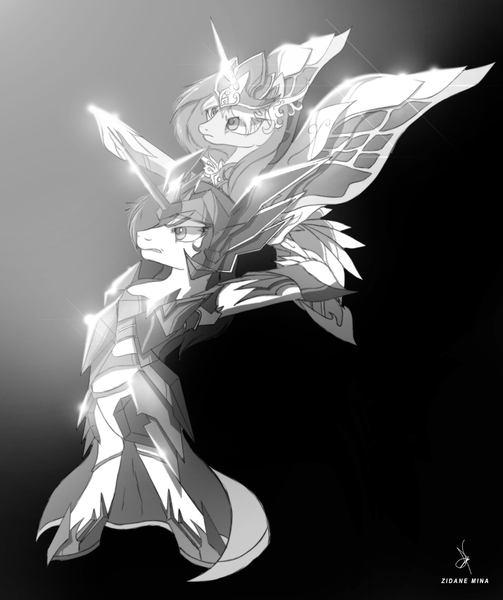 Size: 952x1136 | Tagged: safe, artist:zidanemina, derpibooru import, princess cadance, shining armor, alicorn, unicorn, couple, crossover, epic wife tossing, fastball special, grayscale, monochrome, saint seiya, throwing