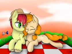 Size: 2000x1500 | Tagged: safe, artist:llhopell, derpibooru import, bright mac, pear butter, butterfly, earth pony, horse, pony, cloud, evening sky, female, grass, love, male, romantic, sky