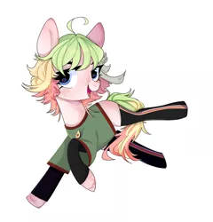 Size: 3451x3588 | Tagged: safe, artist:kk-vantas, derpibooru import, oc, oc:avie cado, unofficial characters only, earth pony, pony, avocado, bedroom eyes, blank flank, clothes, female, food, mare, multicolored hair, open mouth, raised hoof, shirt, simple background, socks, solo, striped socks, white background