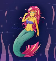 Size: 2600x2800 | Tagged: safe, artist:katakiuchi4u, derpibooru import, sunset shimmer, mermaid, equestria girls, belly button, bra, breasts, cleavage, clothes, cutie mark pendant, female, freckles, grin, jewelry, mermaidized, midriff, necklace, smiling, solo, species swap, torn clothes, underwater, underwear