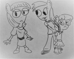 Size: 1667x1320 | Tagged: anthro, artist:dex stewart, bucktooth, derpibooru import, derpy hooves, fairly odd parents, lineart, maud pie, monochrome, safe, silver spoon, traditional art