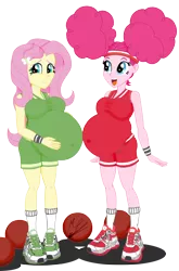 Size: 1024x1552 | Tagged: safe, artist:metaldudepl666, derpibooru import, fluttershy, pinkie pie, bat pony, buckball season, equestria girls, absurd resolution, alternate hairstyle, ball, belly, belly button, big belly, big breasts, breasts, buckball, buckball uniform, busty fluttershy, busty pinkie pie, clothes, digital art, duo, duo female, excited, female, fetish, flutterbat, hand on belly, image, large belly, looking at you, nudity, open mouth, outie belly button, pinktails pie, png, preggoshy, preggy pie, pregnant, pregnant equestria girls, race swap, shoes, shorts, shy, simple background, smiling, sneakers, sneakers fetish, socks, tanktop, transparent background