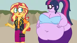 Size: 1024x576 | Tagged: suggestive, artist:jamesawilliams1996, derpibooru import, sci-twi, sunset shimmer, twilight sparkle, series:twilight and pinkie's weight problems, equestria girls, bbw, beach, belly, belly button, big belly, big breasts, breasts, chubby cheeks, chubby twilight, fat, huge belly, morbidly obese, obese, sci-twilard, ssbbw, story included, twilard sparkle