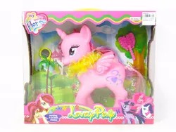 Size: 800x600 | Tagged: safe, derpibooru import, pinkie pie, rarity, roseluck, twilight sparkle, alicorn, pony, alicornified, bootleg, disney font, lovely pony, my lovely horse, pink rarity, race swap, raricorn, toy