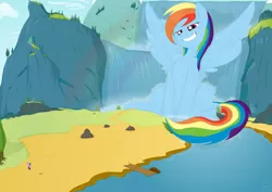 Size: 4093x2894 | Tagged: safe, artist:teabucket, deleted from derpibooru, derpibooru import, rainbow dash, twilight sparkle, pony, beach, boat, cliff, cover image, duo, faic, fanfic art, giant pony, macro, rainbow, river, scenery, smug, smugdash, story cover, tree, waterfall