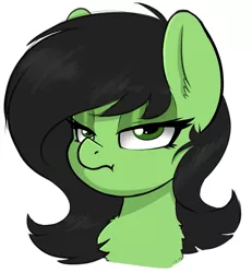 Size: 1401x1519 | Tagged: safe, artist:duop-qoub, derpibooru import, oc, oc:anon, oc:anonfilly, unofficial characters only, earth pony, pony, bust, chest fluff, female, filly, filly anon is not amused, lidded eyes, looking at you, portrait, simple background, solo, unamused, wavy mouth, white background