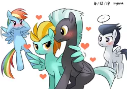 Size: 2000x1400 | Tagged: safe, artist:ryuu, derpibooru import, lightning dust, rainbow dash, rumble, thunderlane, pegasus, pony, female, heart, hug, male, mare, shipping, stallion, straight, thunderdust, winghug