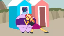 Size: 1024x576 | Tagged: suggestive, artist:jamesawilliams1996, derpibooru import, sci-twi, sunset shimmer, twilight sparkle, series:twilight and pinkie's weight problems, equestria girls, ass, bbw, beach, beach hut, belly, big belly, butt, chubby cheeks, chubby twilight, clothes, fat, huge butt, large butt, morbidly obese, obese, pushing, sci-twilard, skirt, ssbbw, story included, stuck, the ass was fat, the ass was too fat, too fat, too fat to fit, too fat to get through, twilard sparkle, twilight has a big ass